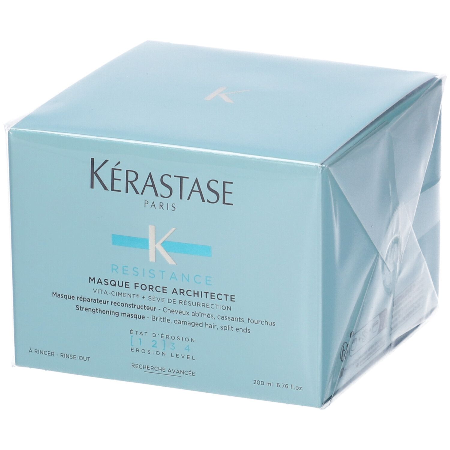 Confezione azzurra Kérastase Masque Force Architecte. Testo: Resistance, Vita-Ciment, Sève de Résurrection.