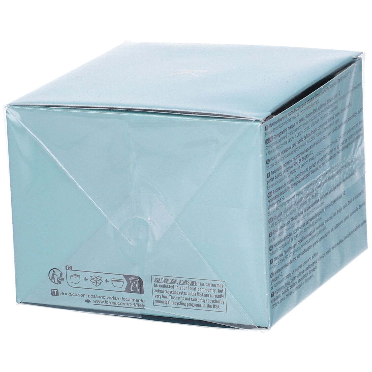 Parte superiore della confezione azzurra Kérastase Masque Force Architecte. Istruzioni riciclo.