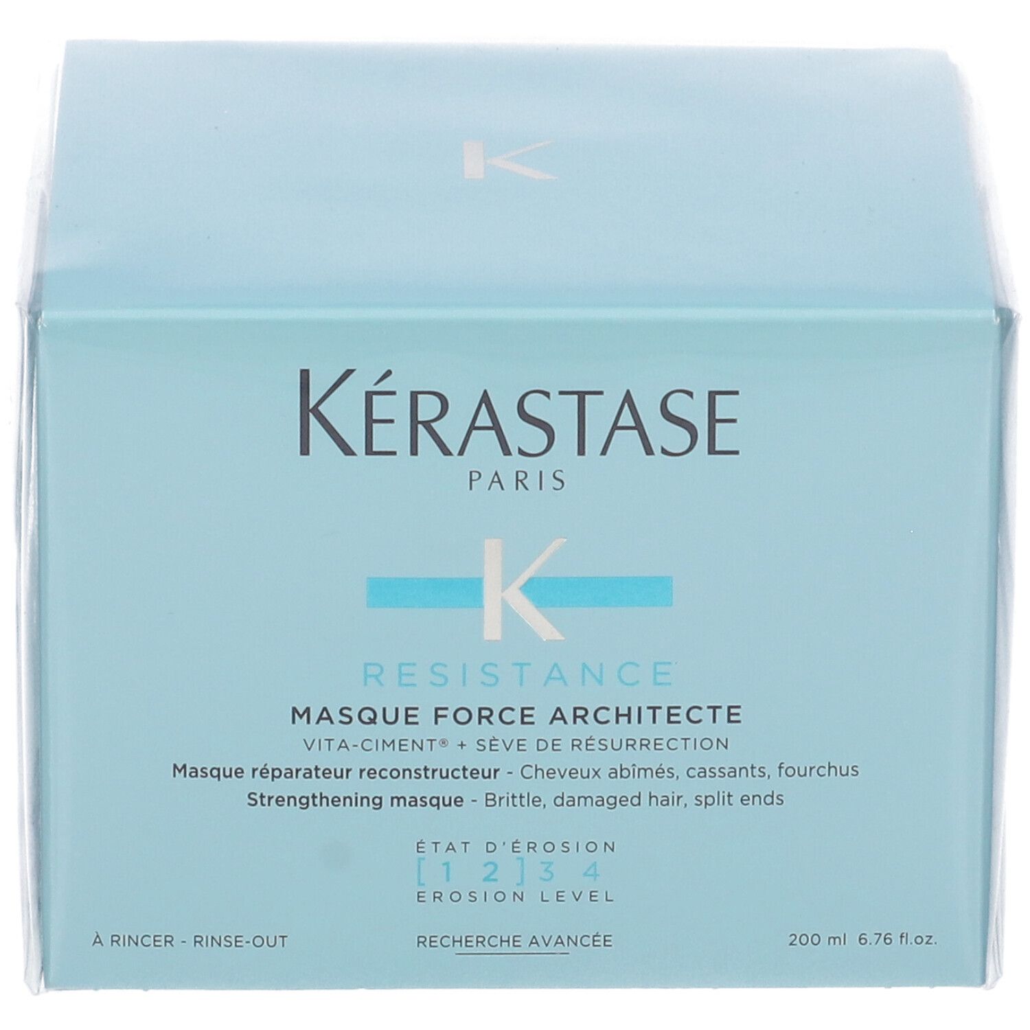 Confezione azzurra Kérastase Masque Force Architecte. Testo: Resistance, Masque Force Architecte, 200ml.