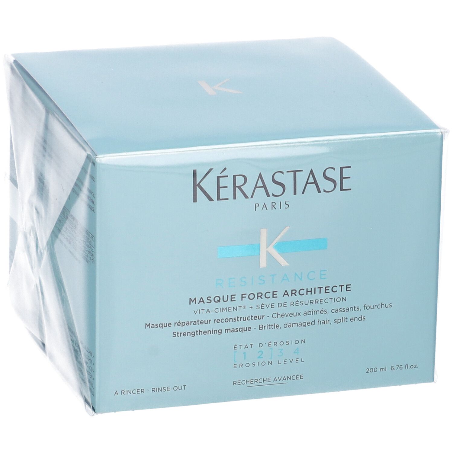 Confezione azzurra Kérastase Masque Force Architecte. Testo: Resistance, Masque Force Architecte, 200ml.