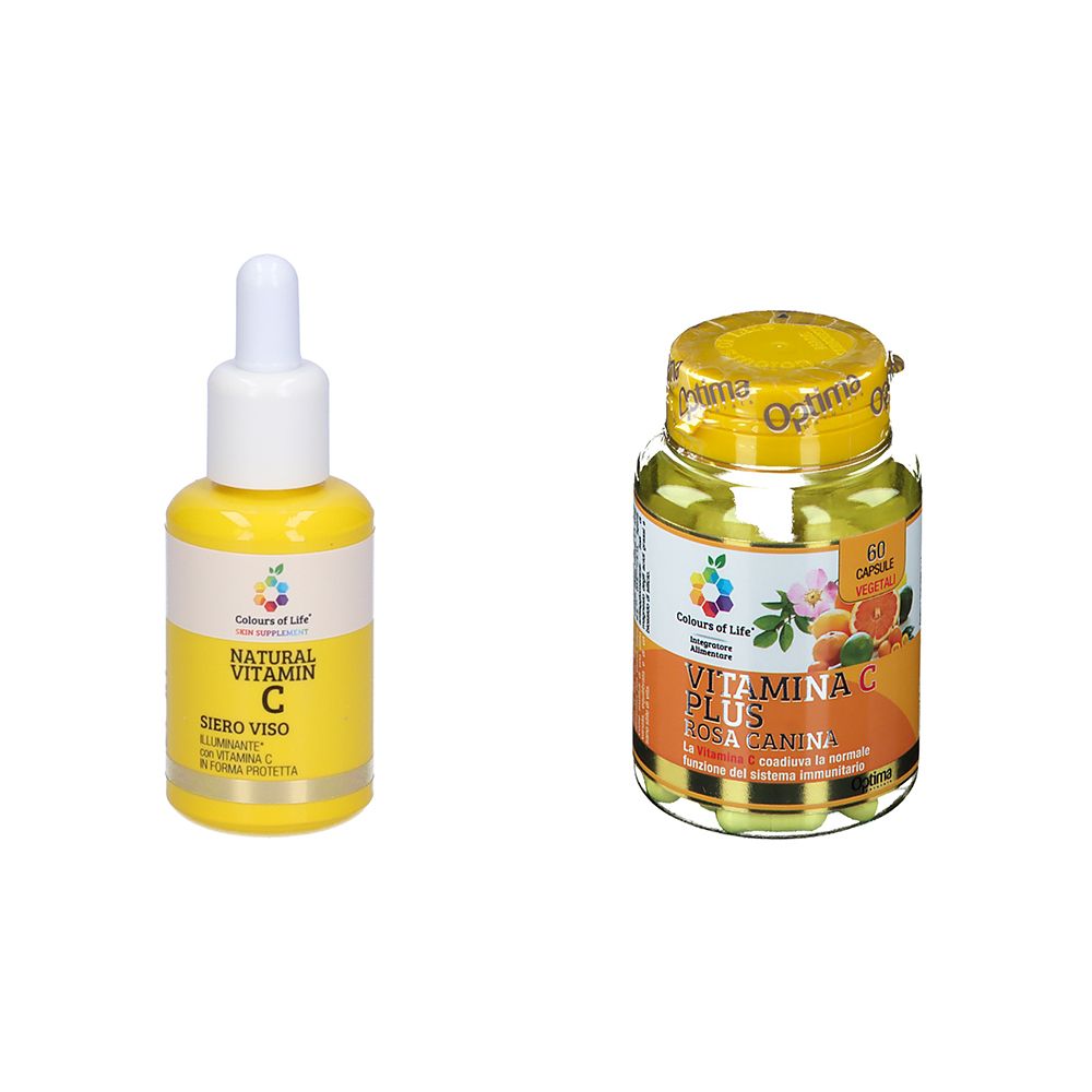 Due prodotti: flacone giallo con contagocce e barattolo di capsule. Entrambi con logo Colours of Life. Scritta: Vitamina C.