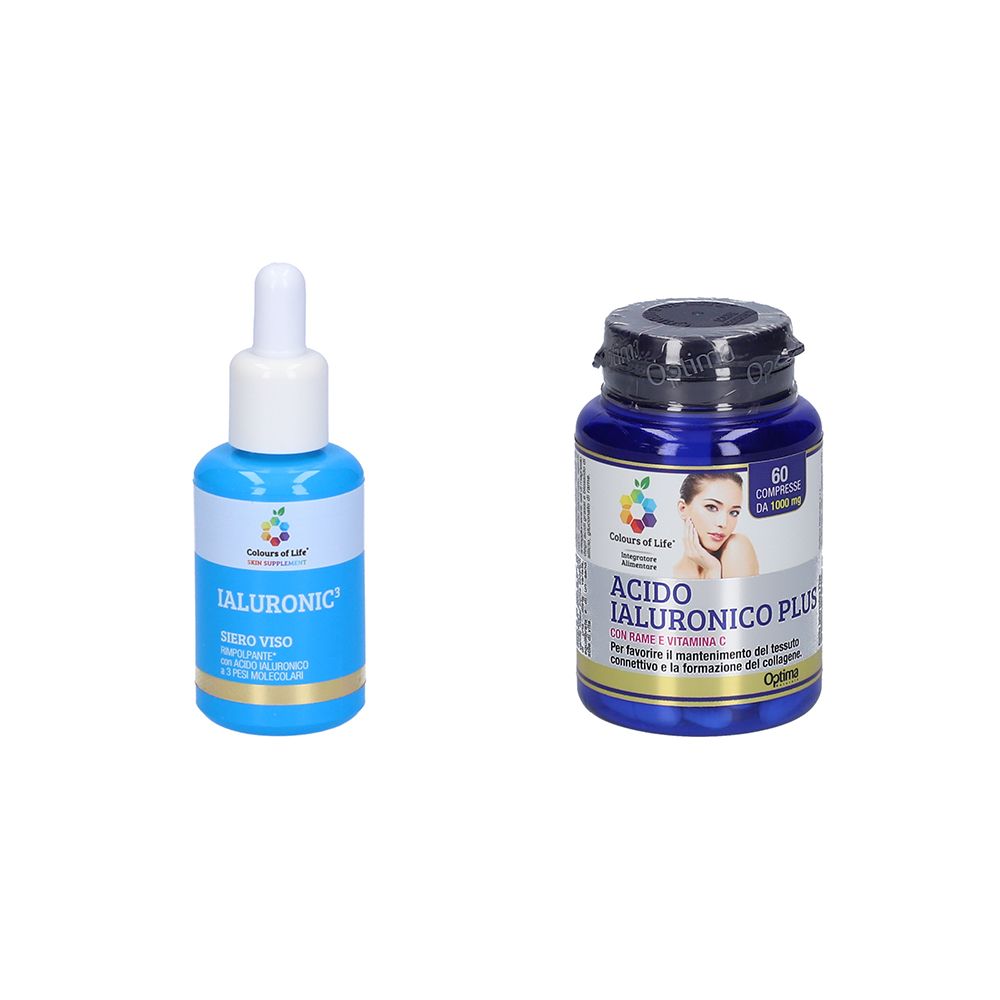 Due prodotti: flacone blu con contagocce e flacone di compresse blu. Entrambi con la scritta "Colours of Life".