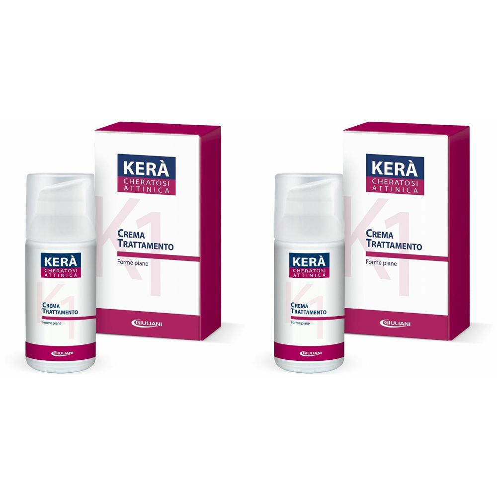 Due flaconi e confezioni. Scritta: KERÀ, Cheratosi Attinica, Crema Trattamento.