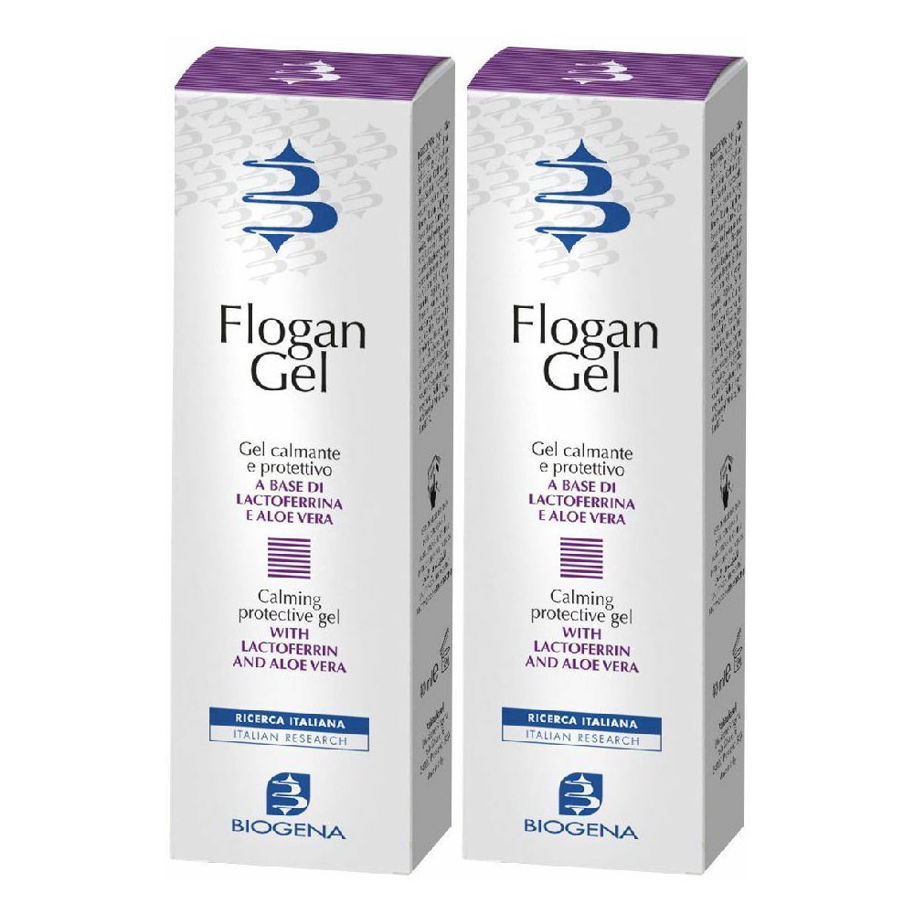 Due confezioni di Flogan Gel. Scatole bianche con coperchi viola e logo. Testo: Gel calmante e protettivo, BIOGENA.