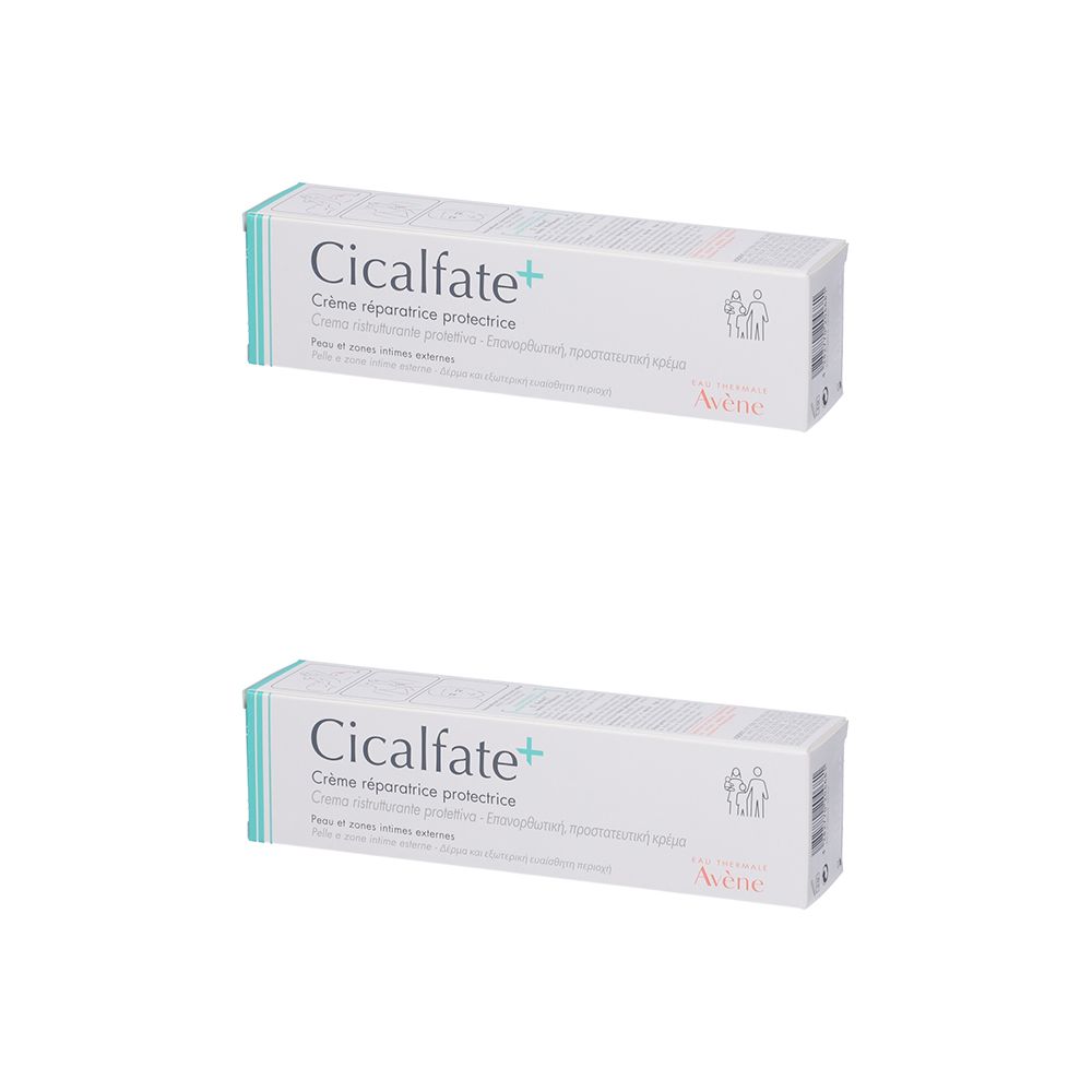 Due scatole bianche con dettagli turchesi. Scritta: Cicalfate+ e Crème réparatrice protectrice. Marchio: Avène.
