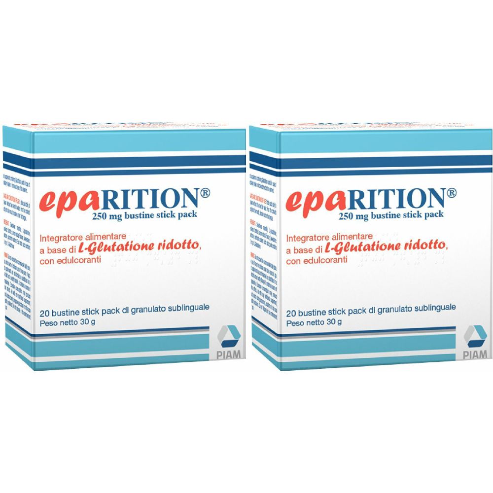 Due confezioni di Eparition® con 20 bustine di granulato. Scritta: 250 mg, L-Glutatione, con edulcoranti. Peso netto 30 g.