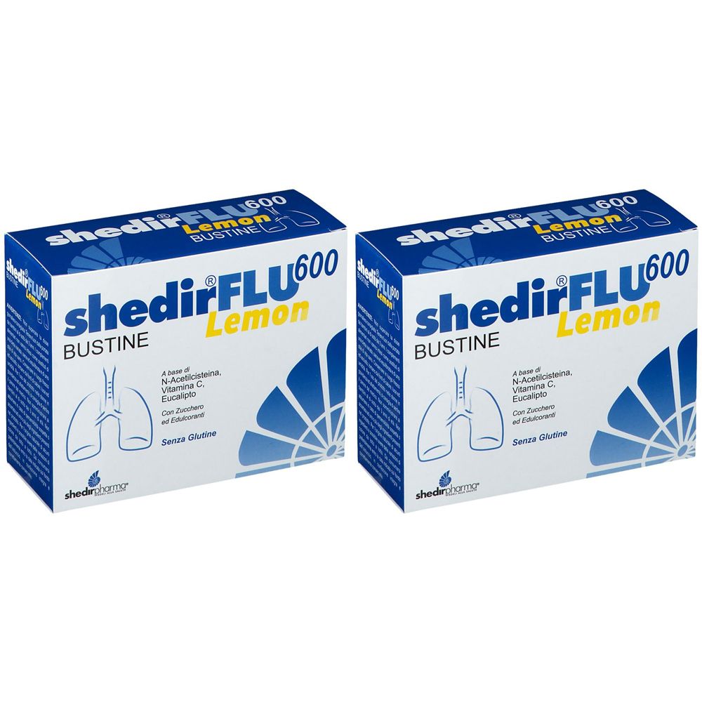 Due scatole "shedirFLU 600 Lemon". Scritta "Bustine" e illustrazione dei polmoni. Contiene vitamina C ed eucalipto.