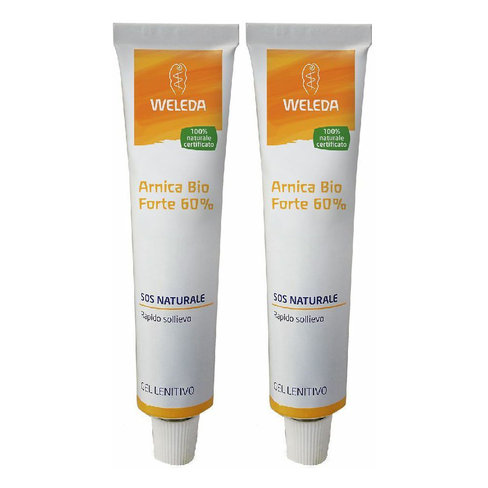 Due tubi di gel WELEDA Arnica Bio Forte 60%. Tubi bianchi con stampa giallo-arancio. Testo: SOS NATURALE, 100% naturale certificato.
