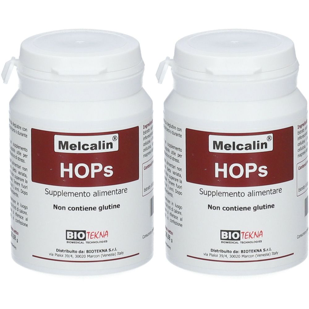 Due contenitori bianchi con coperchi. Etichetta rossa con "Melcalin HOPS Supplemento alimentare". Testo: "Non contiene glutine".