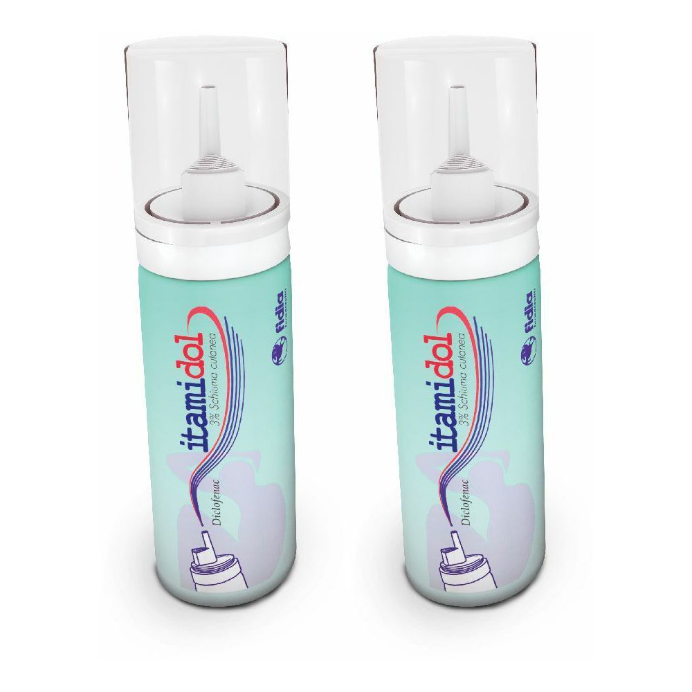 Due flaconi con applicatore spray. Scritta: itamidol 3% Schiuma cutanea. Design turchese e bianco.