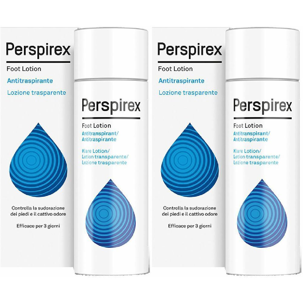 Tre flaconi bianchi con design a goccia blu. Scritta: Perspirex Foot Lotion. Antitraspirante. Lozione trasparente. Efficace per 3 giorni.