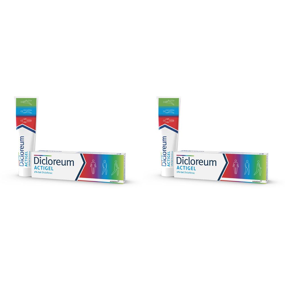 Due confezioni e tubi. Sulle confezioni si legge "Dicloreum ACTIGEL". I tubi sono bianchi con strisce colorate.