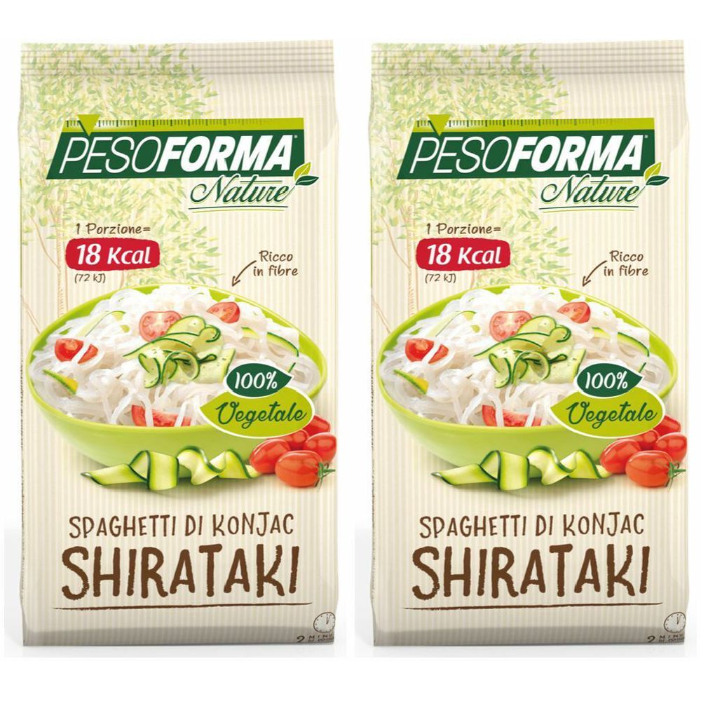 Due confezioni di PESOFORMA Nature Spaghetti di Konjac Shirataki. Scritte: 18 Kcal, 100% Vegetale, Spaghetti di Konjac Shirataki.