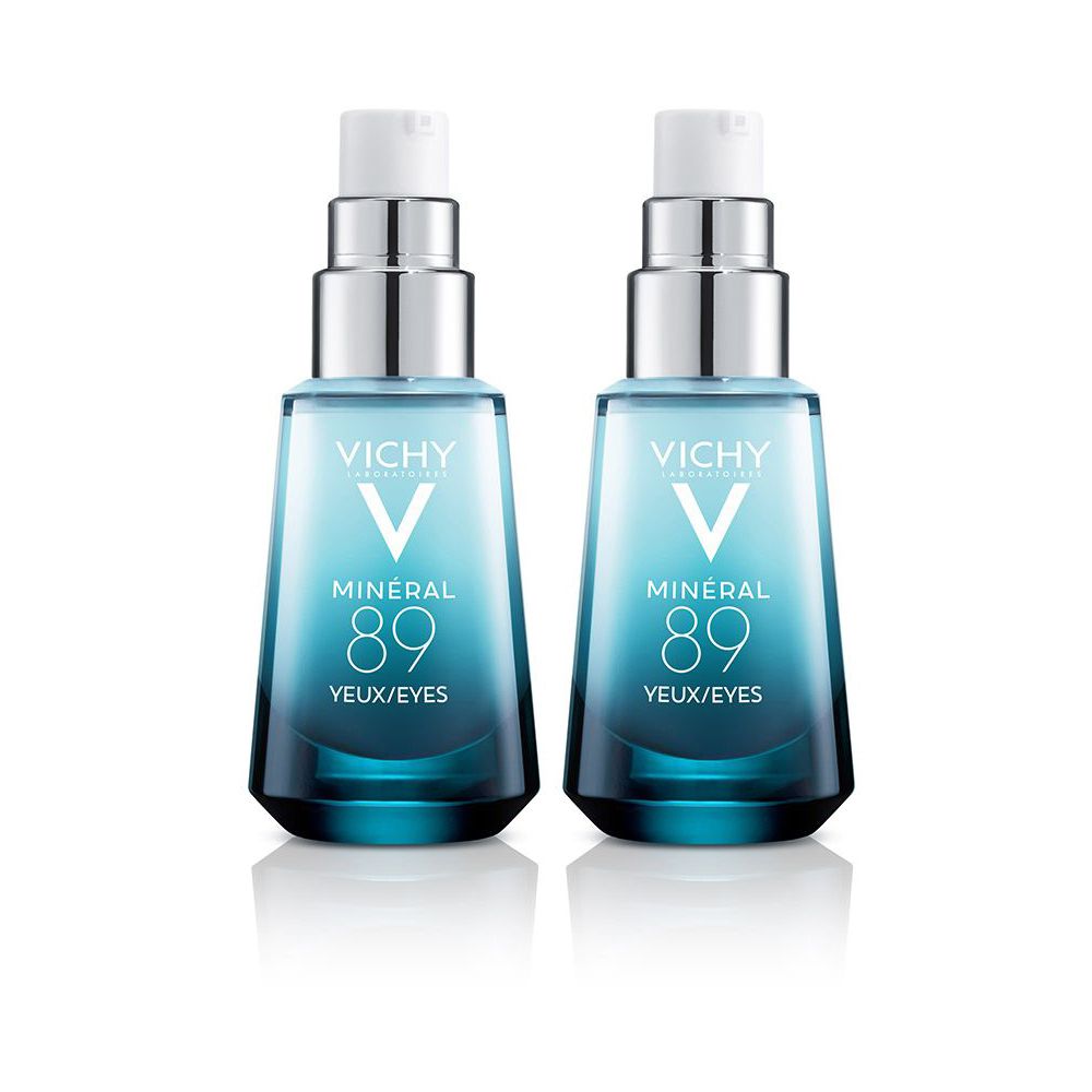 Due flaconi di gel blu. Scritta: Vichy, Mineral 89, Occhi/Eyes. Elementi bianchi e argentati.