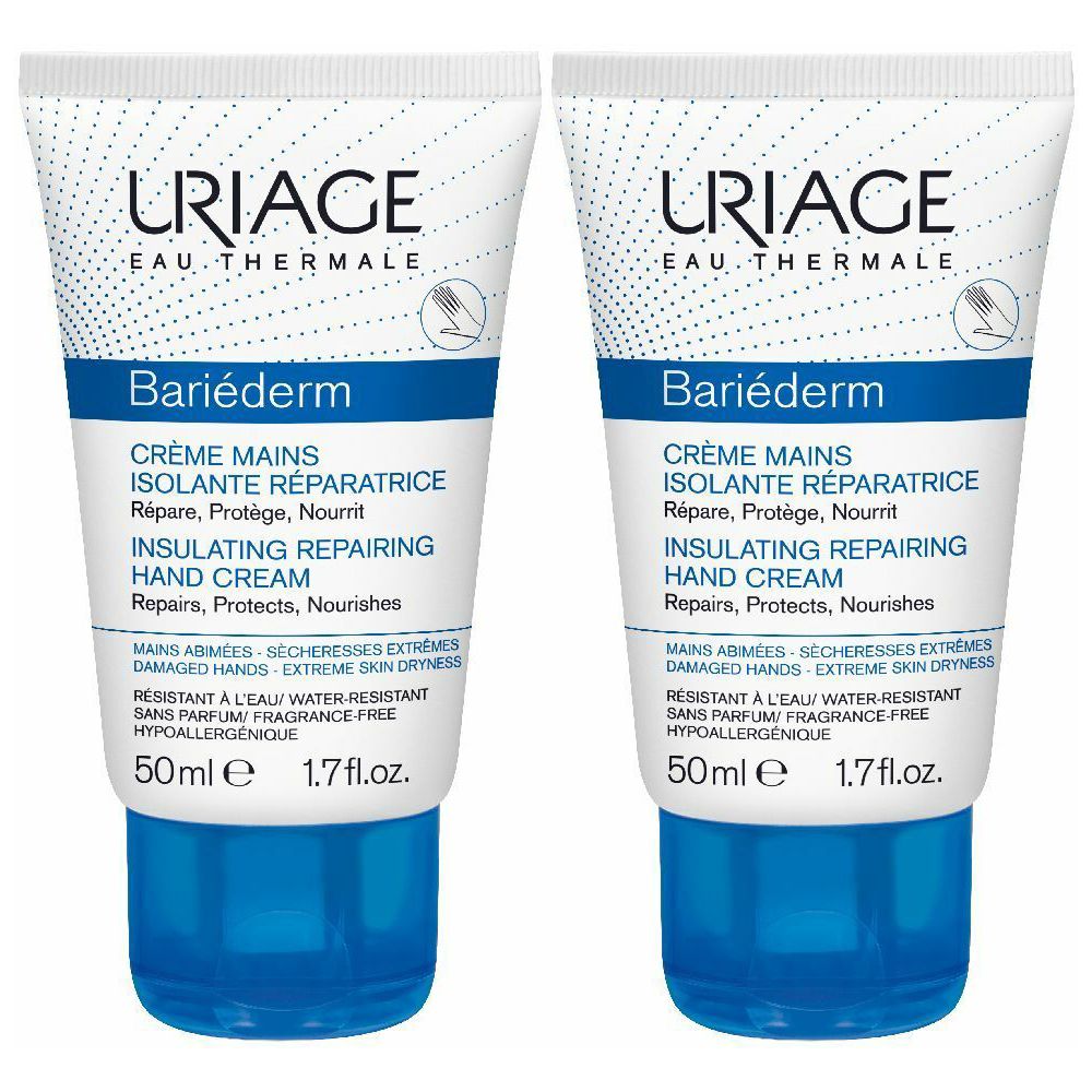 Due tubi di crema per le mani. Bianco con testo blu e tappo blu. Scritta: URIAGE, Bariéderm, Crème Mains, 50ml.