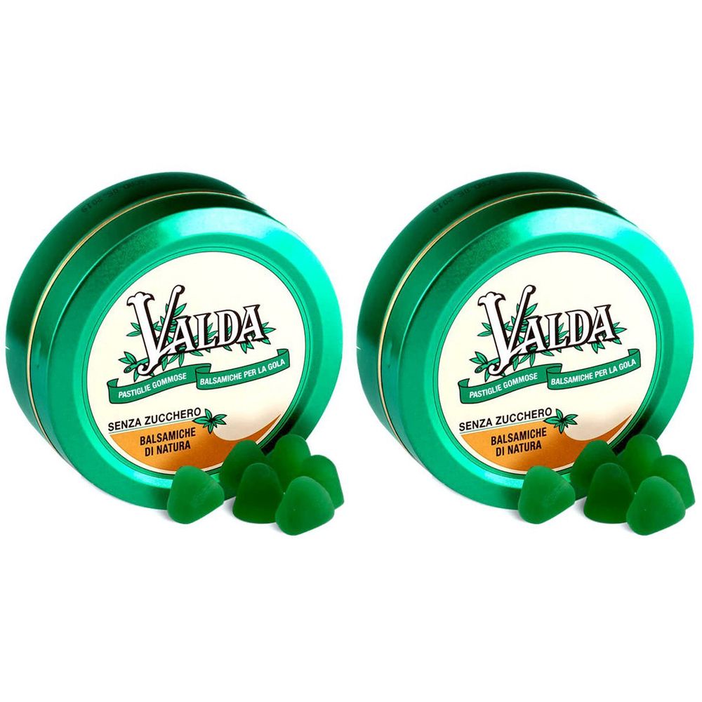 Due barattoli verdi con logo Valda e pastiglie verdi. Scritta: Senza Zucchero, Balsamiche di Natura.
