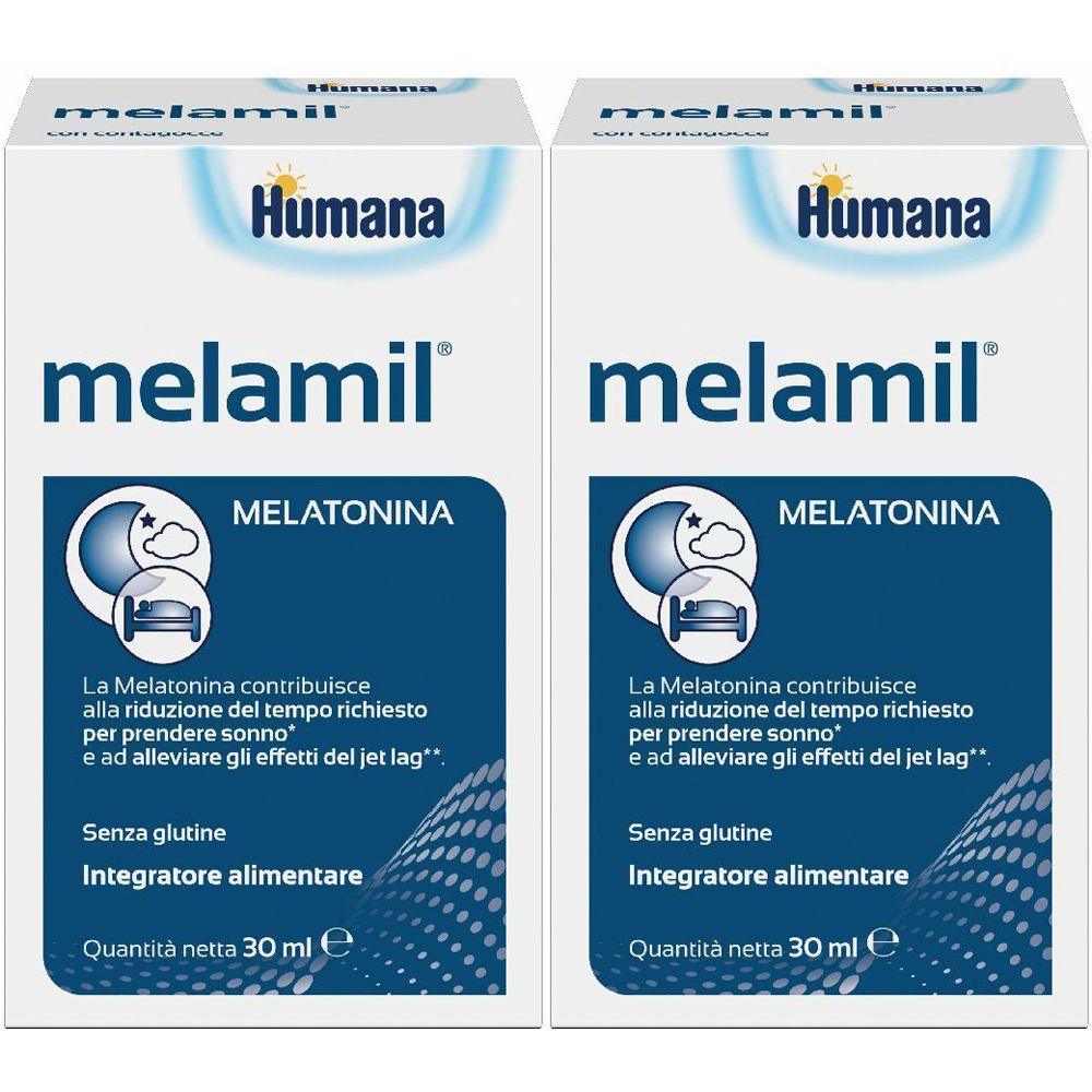 Due scatole bianche con logo "melamil" e "Humana". Testo: Melatonina, senza glutine, integratore alimentare. 30 ml.
