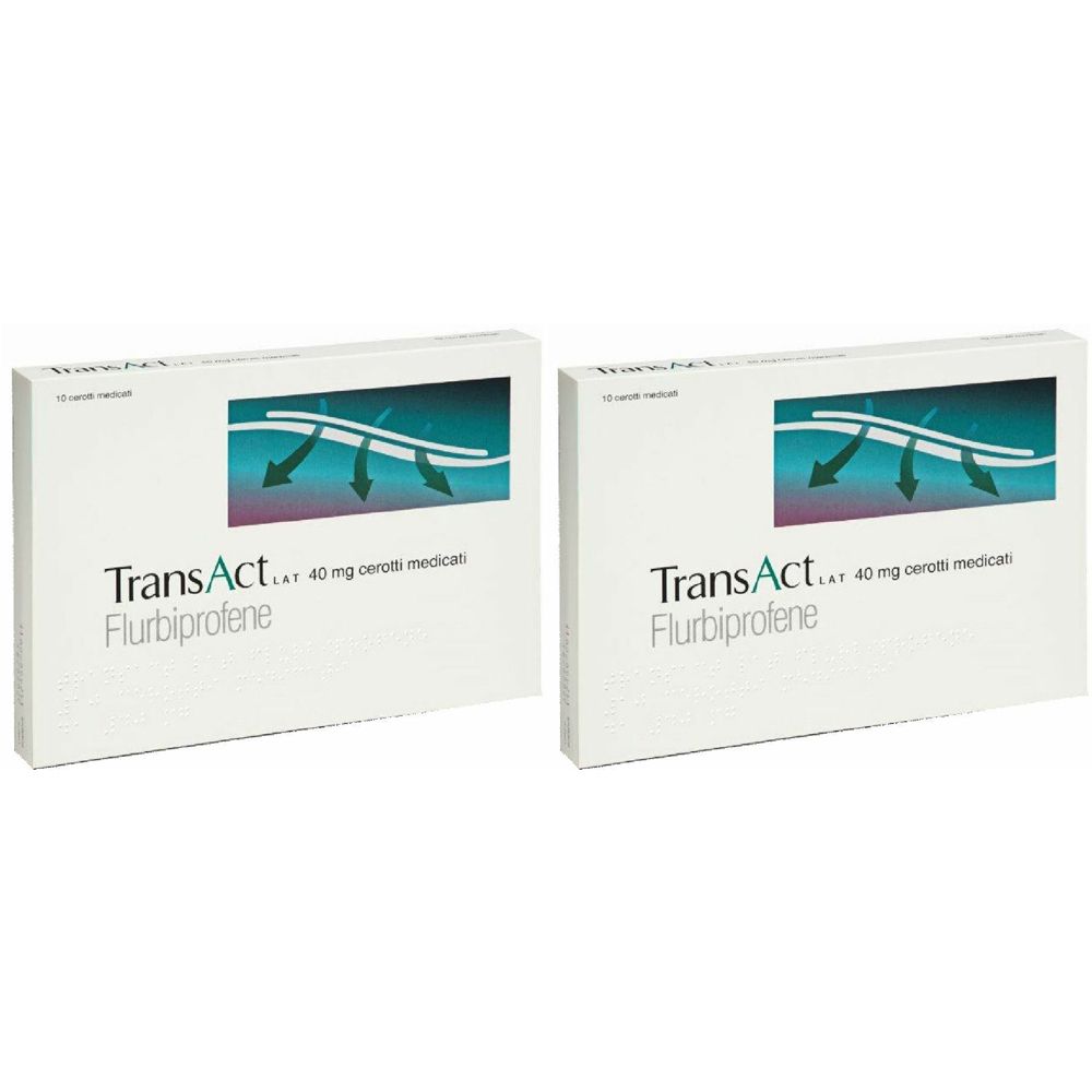 Due scatole bianche TransAct LAT, Flurbiprofene. Design blu con frecce. Scritto: 40 mg cerotti medicati.