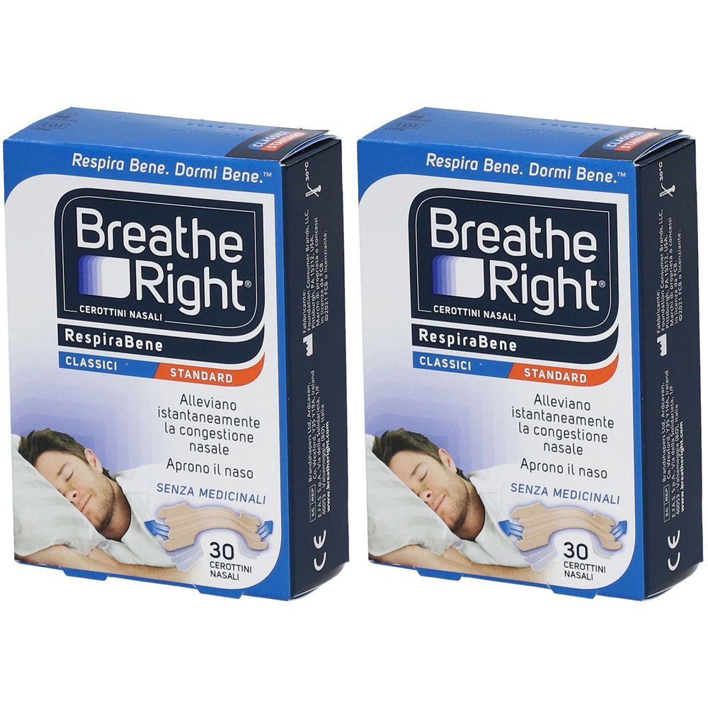 Due scatole blu "Breathe Right". Scritta: "Respira Bene. Dormi Bene." e "CLASSICI". Immagine di uomo che dorme. Contiene 30 cerotti nasali.