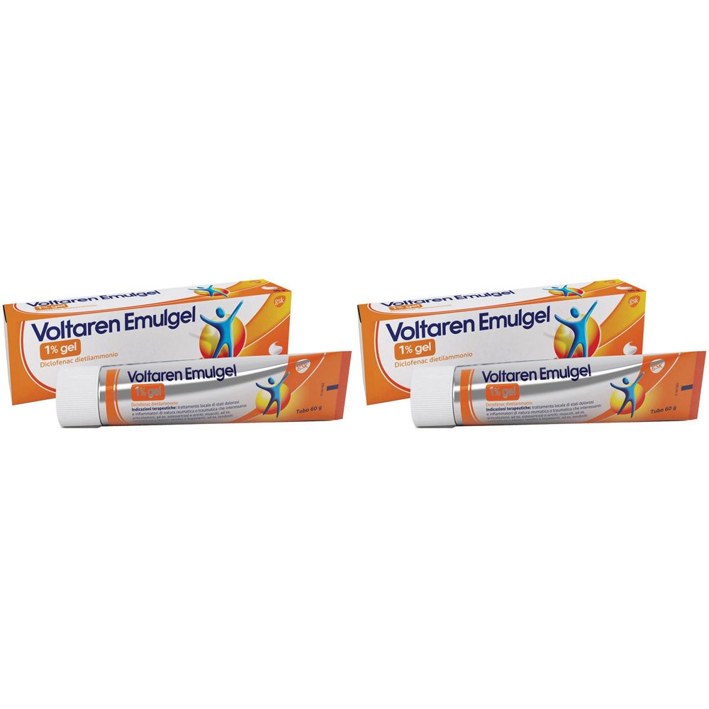 Due confezioni e tubi di Voltaren Emulgel 1% Gel. Confezione arancione con nome e logo del prodotto. Tubi con tappo bianco.