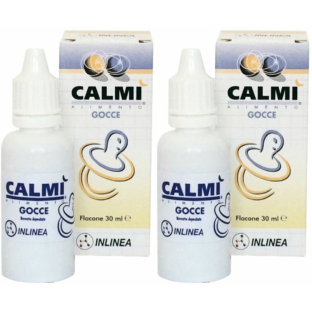 Due flaconi con tappo bianco ed etichetta. Scritta CALMI, GOCCE. Scatola con logo e nome del prodotto.