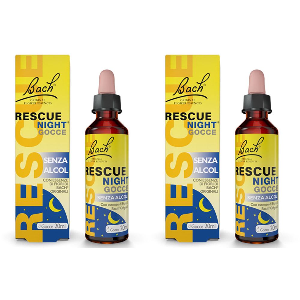 Due flaconi e scatole di Bach Rescue Night Gocce. Scatole gialle con nome del prodotto. Flaconi con contagocce rosa.