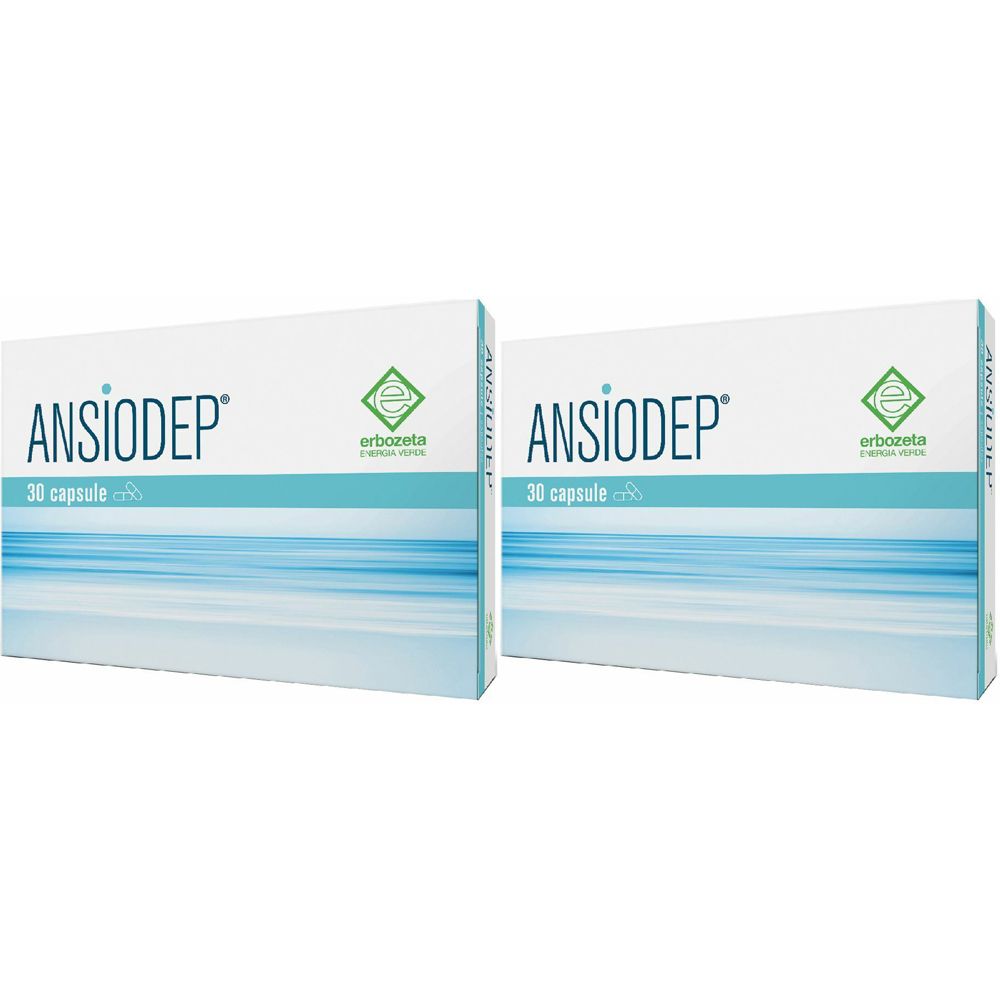 Due confezioni di ANSIODEP, 30 capsule. Logo Erbozeta. Confezione bianca con design blu e verde.