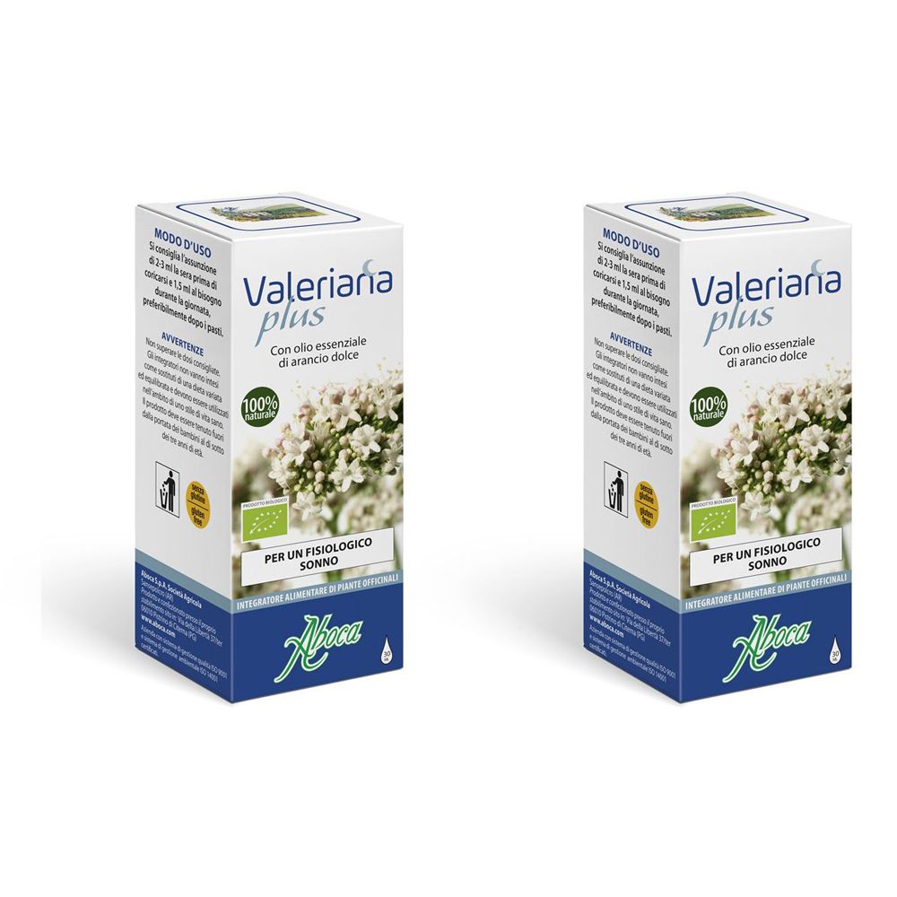 Due scatole rettangolari. Scritta: Valeriana plus, con fiore. Testo: Per un fisiologico sonno. Logo: Aboca. Certificazione biologica.
