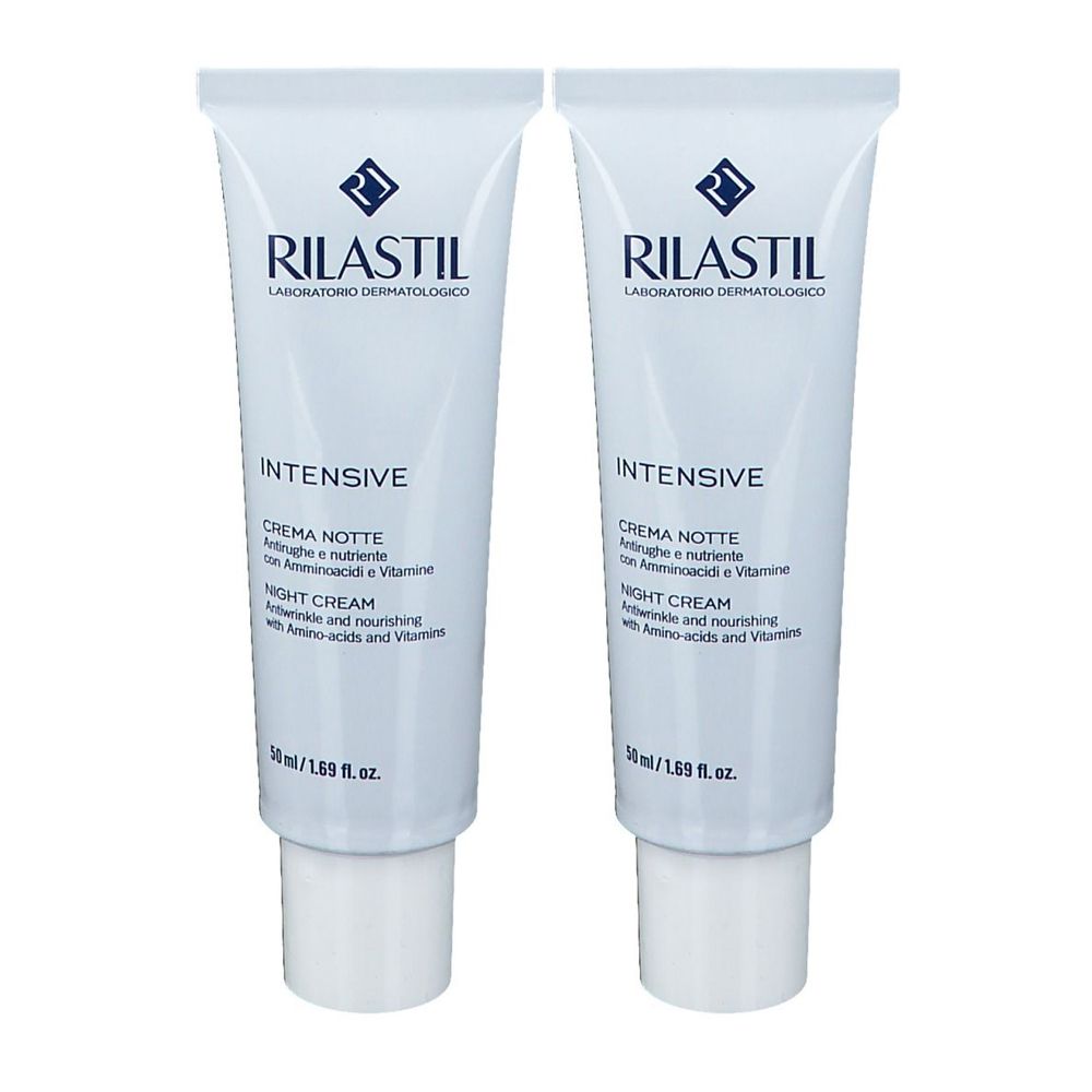 Due tubi bianchi con etichetta. Rilastil Intensive Crema Notte. Crema notte antirughe e nutriente.