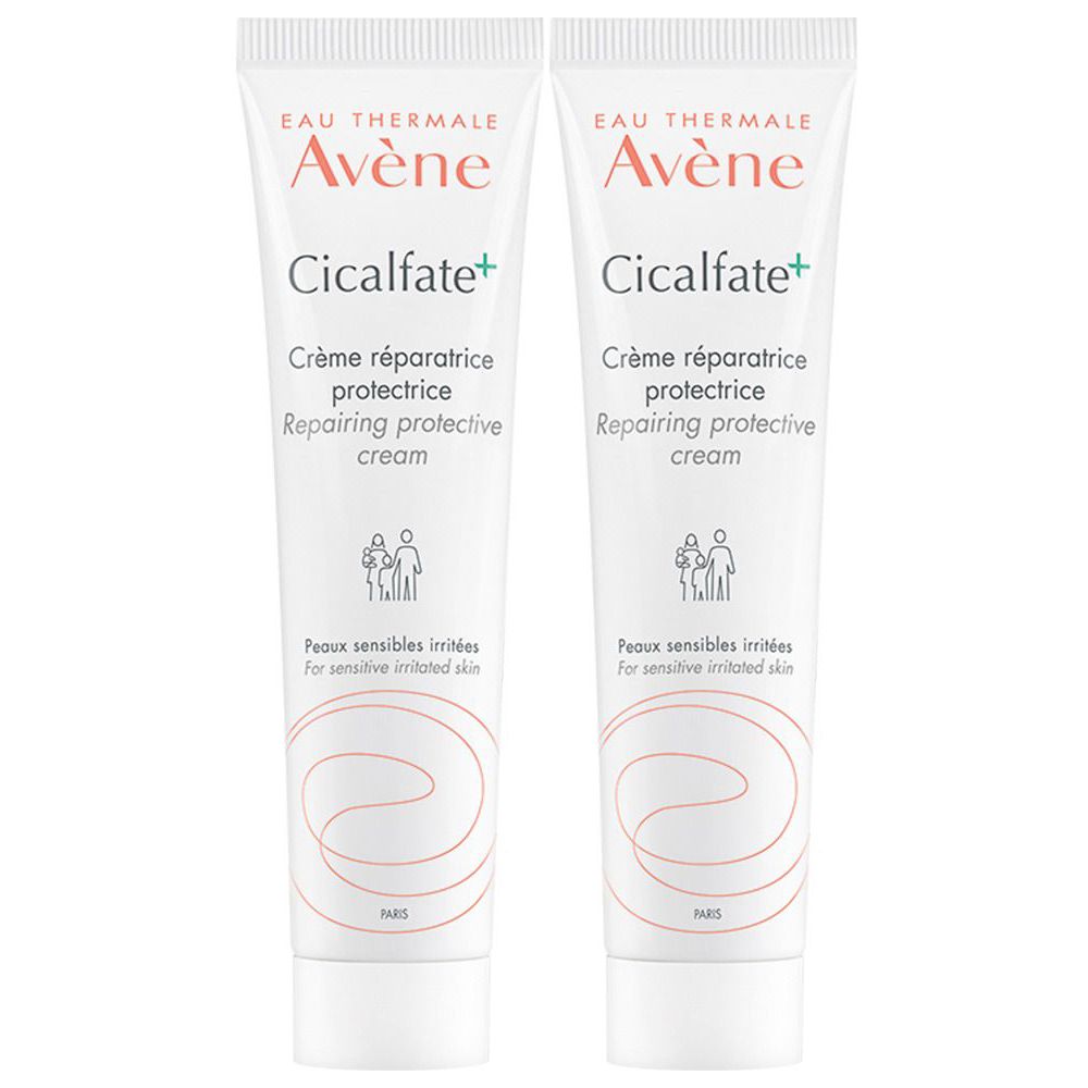 Due tubi di crema. Scritta: Eau Thermale Avène Cicalfate+. Crème réparatrice protectrice. Per pelli sensibili irritate.