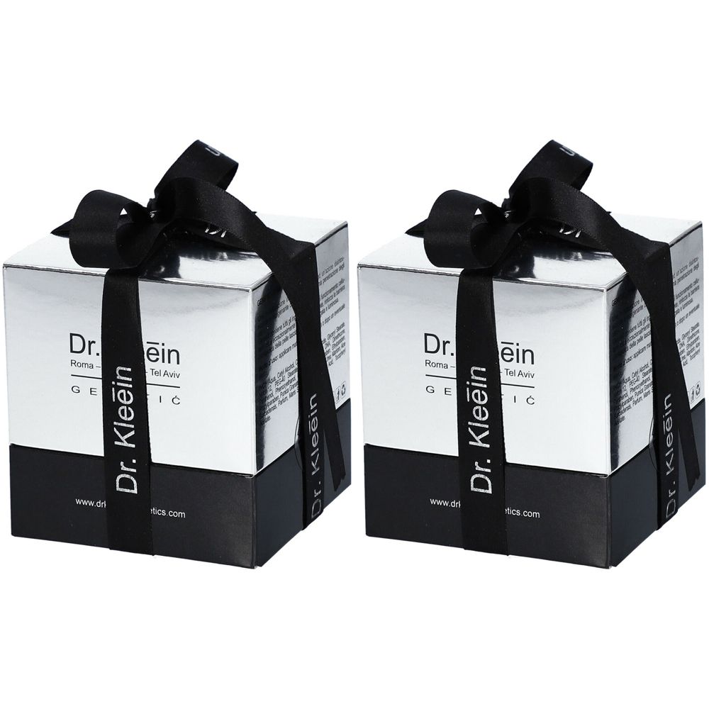 Due confezioni regalo quadrate argentate con nastro nero. Il nastro riporta la scritta "Dr. Kleein".