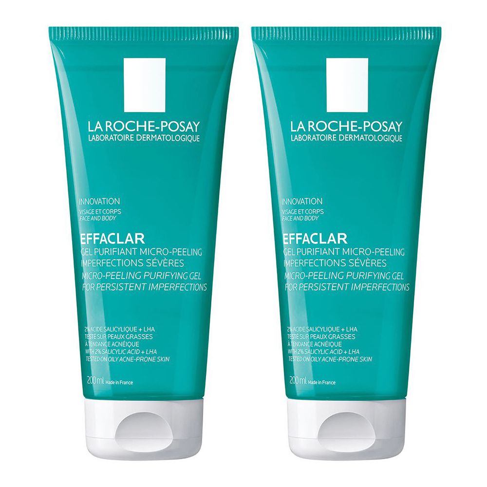 Due tubi di gel Effaclar turchese. Scritte bianche: La Roche-Posay, Effaclar, gel micro-peeling. Tappi bianchi.