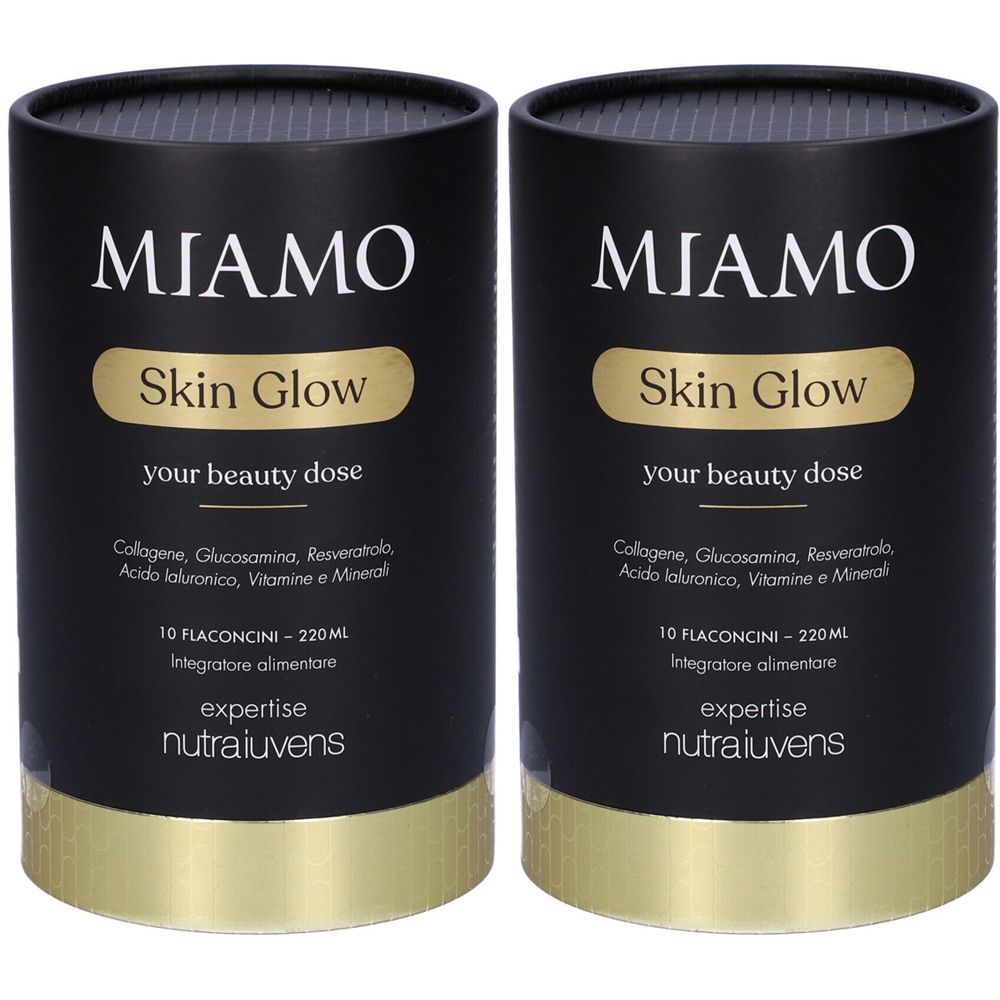 Due contenitori cilindrici neri con dettagli dorati. Scritta: MIAMO Skin Glow, 10 flaconcini, Integratore alimentare.