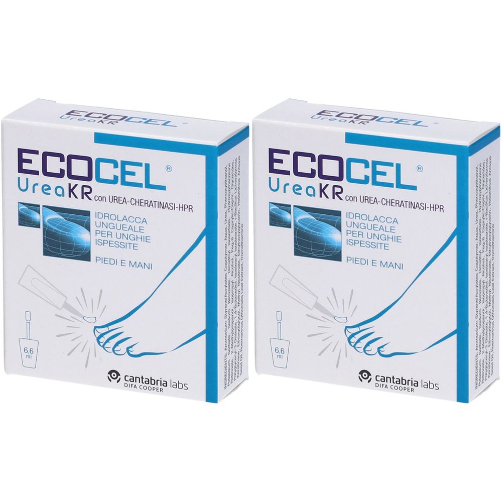 Due scatole con stampa del prodotto ECOCEL UreaKR. Scritte: IDROLACCA UNGUEALE PER UNGHIE ISPESSITE, piedi e mani.