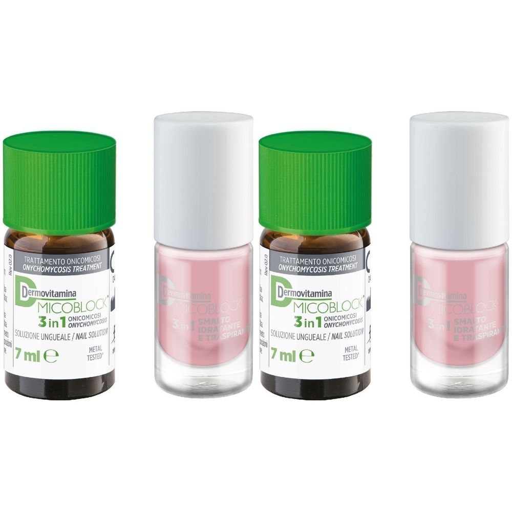 Quattro flaconi di Dermovitamina Micoblock 3 in 1. Due con tappo verde e due con tappo bianco. Liquido rosa visibile.