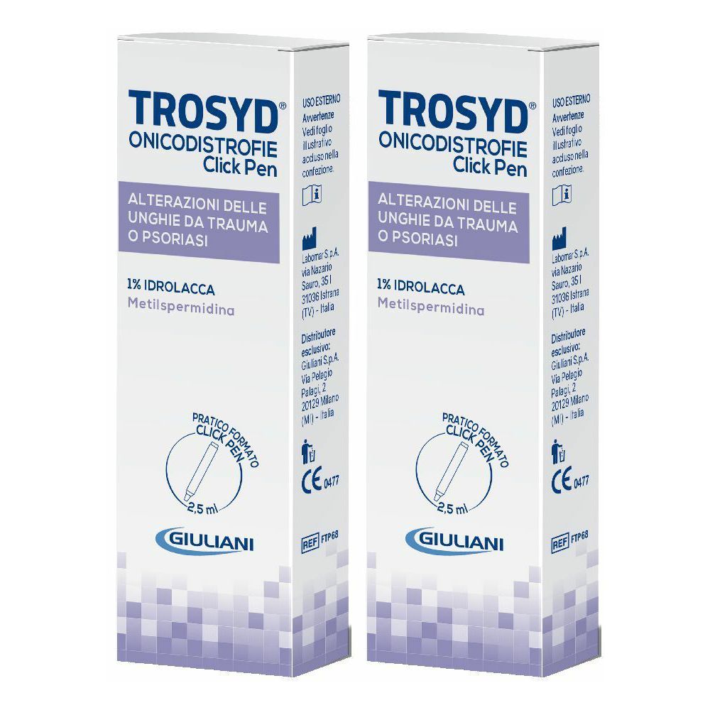 Due scatole bianche con informazioni sul prodotto. Scritta: TROSYD Onicodistrofie Click Pen. Contiene 1% Idrolacca Metilspermidina. Con marchio CE.