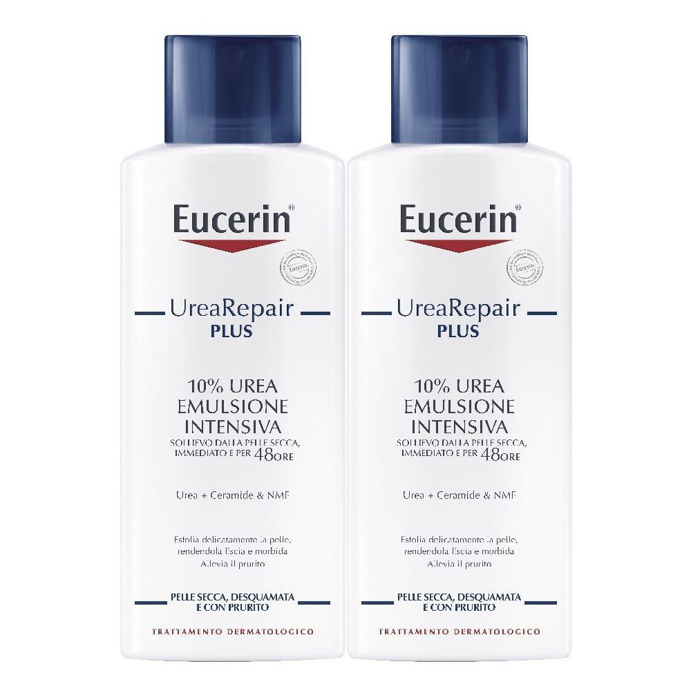Due flaconi di Eucerin UreaRepair Emulsione. Flaconi bianchi con tappo blu. Scritta: 10% Urea Emulsione Intensiva.
