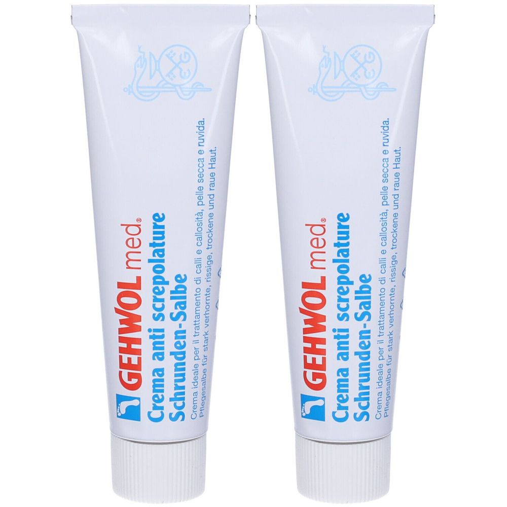 Due tubi di crema. Scritta: GEHWOL med. Crema anti screpolature Schrunden-Salbe. Ideale per pelle secca e ruvida.
