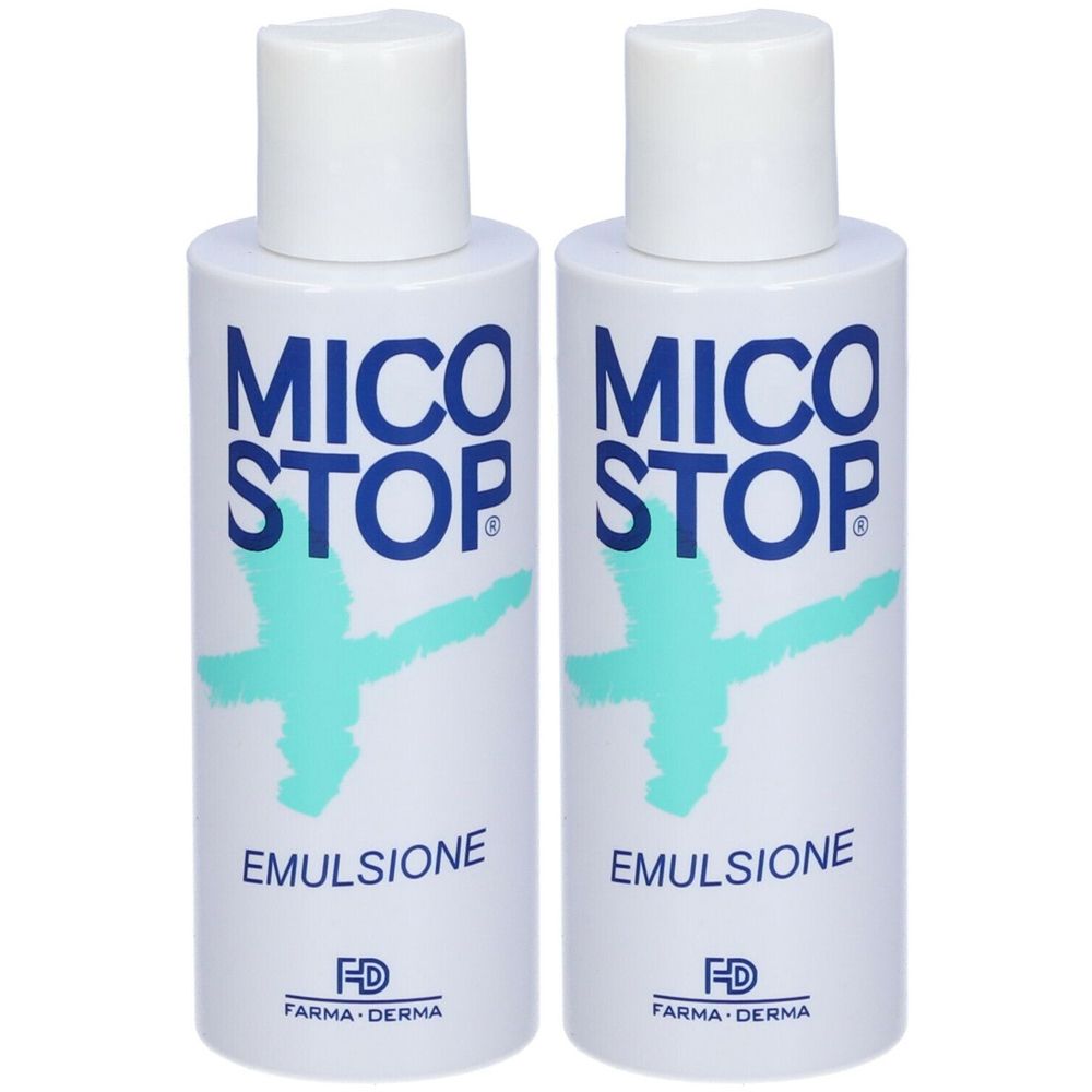 Due flaconi bianchi con logo blu « MICO STOP » e « EMULSIONE ». Marchio « FARMA DERMA ».