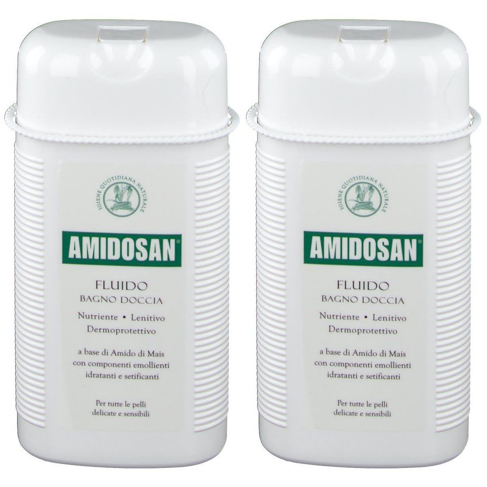 Due flaconi bianchi con etichetta verde. Scritta: AMIDOSAN, Fluido Bagno Doccia. Con coperchio e tappo bianco.