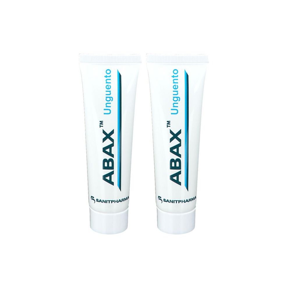 Due tubi di crema ABAX™ Unguento. Scritta blu su sfondo bianco. Sotto SANITPHARMA.