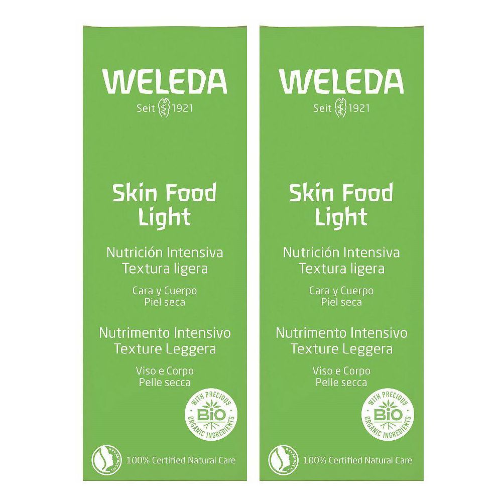 Due confezioni verdi "WELEDA Skin Food Light". Testo in spagnolo, italiano e inglese. Sigillo bio.