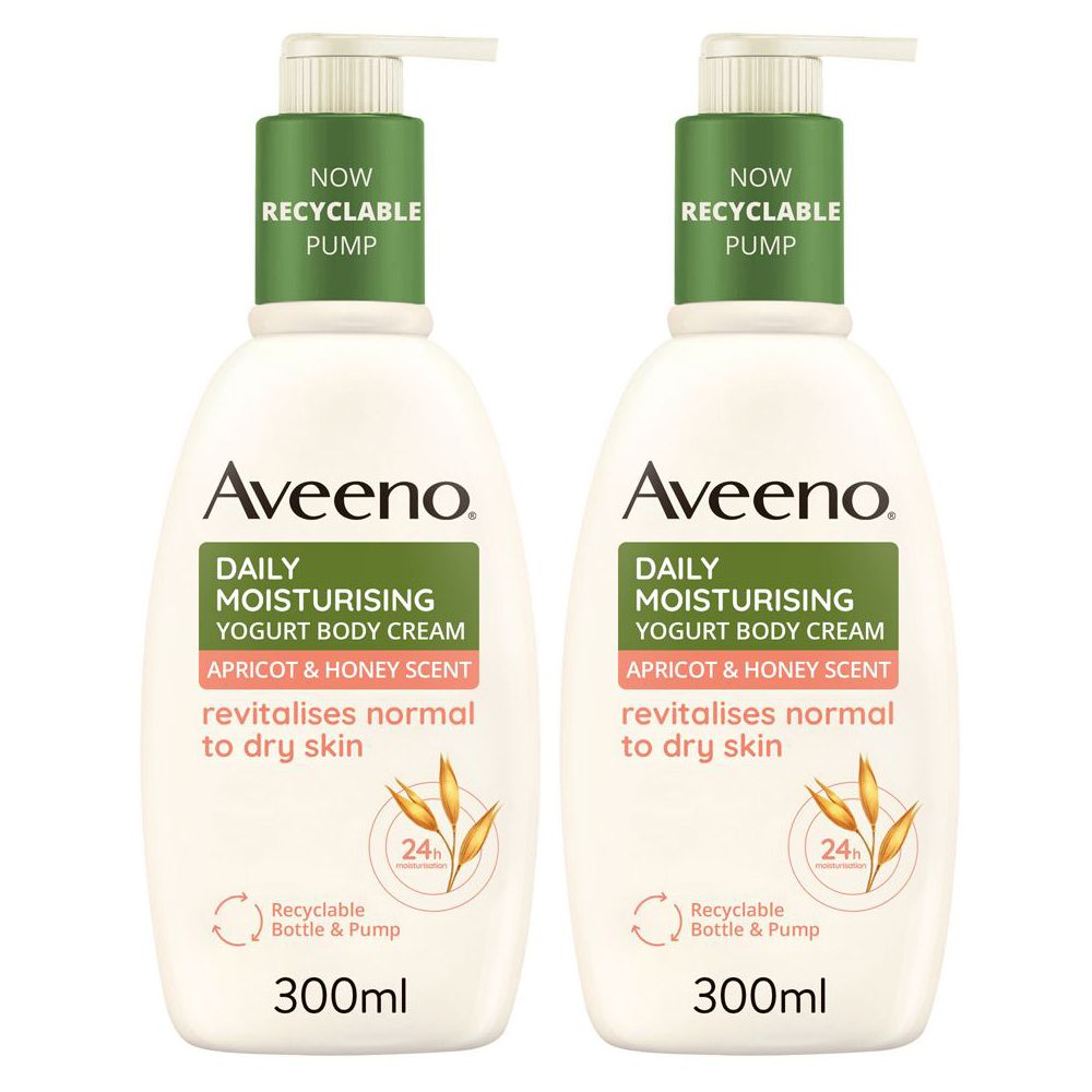 Aveeno Crema Corpo Idratante per una Pelle Vellutata e Luminosa, Yogurt Albicocca e Miele 300 ml Set da 2
