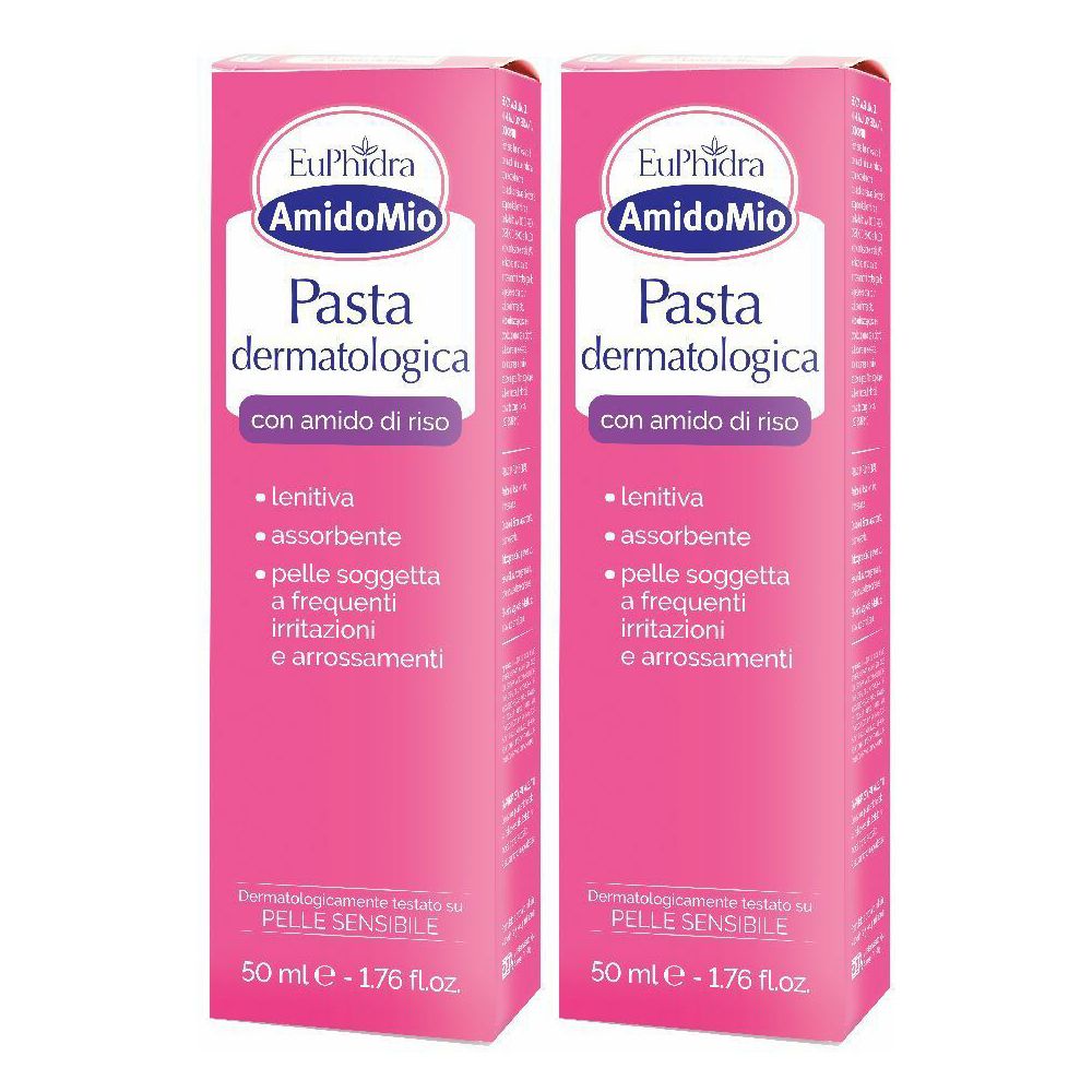 Due confezioni rosa. Scritta: EuPhidra AmidoMio Pasta dermatologica. Con amido di riso. Per pelli sensibili. 50 ml.
