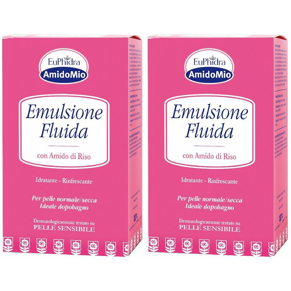 Due confezioni rosa. Marchio EuPhidra AmidoMio. Testo: Emulsione Fluida, con Amido di Riso, Idratante-Rinfrescante. Per pelli sensibili.