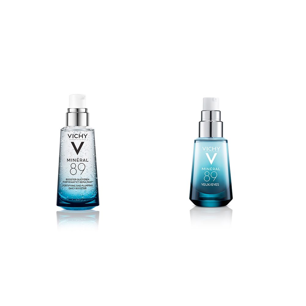 Due flaconi in vetro blu con erogatori argentati. Scritta: Vichy, Mineral 89.