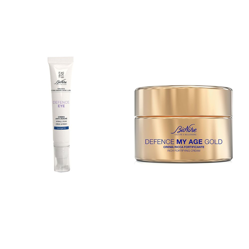 Due prodotti cosmetici: un tubetto e un vasetto dorato. Scritta: Defence My Age Gold.