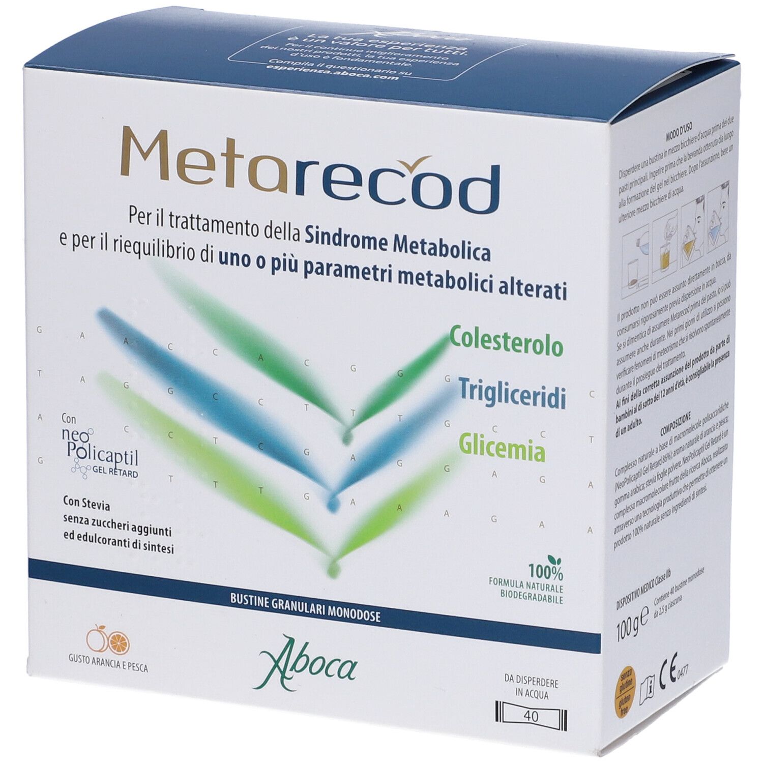 Scatola di granulato Metarecod. Contiene informazioni su colesterolo, trigliceridi e glicemia.