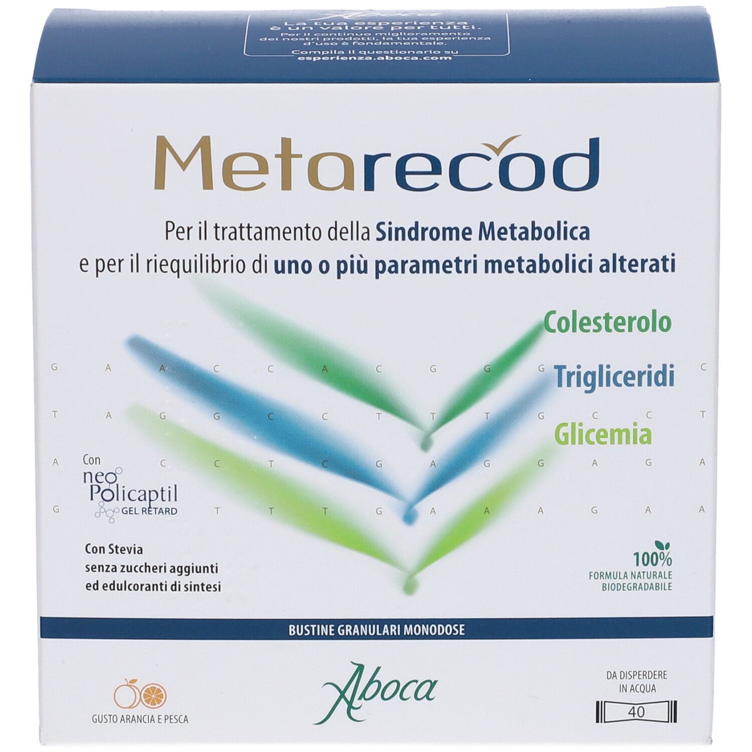 Vista frontale della confezione Metarecod. Mostra nome del prodotto, ingredienti e contenuto.