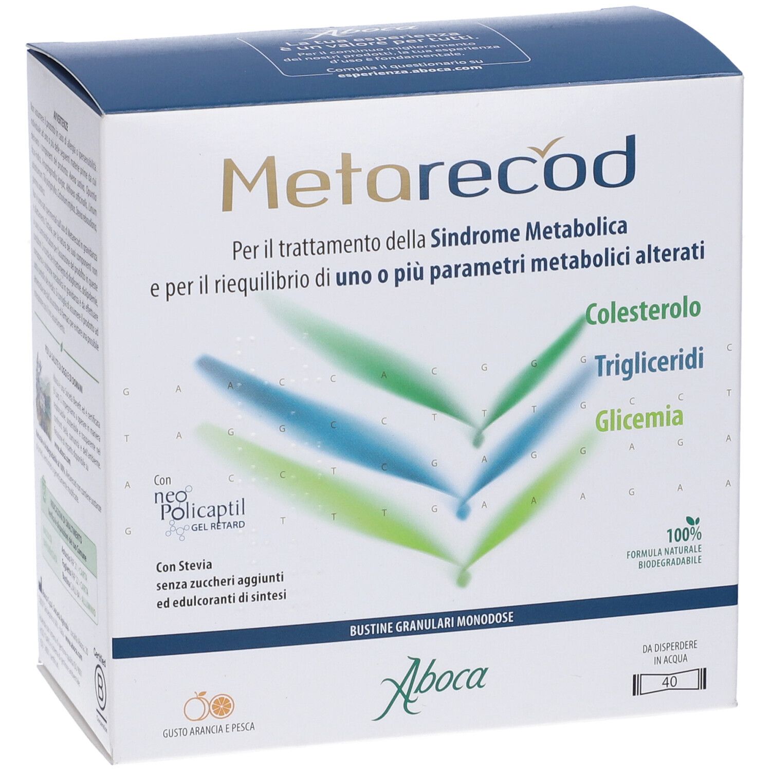 Vista frontale della confezione Metarecod. Mostra nome del prodotto, ingredienti e contenuto.